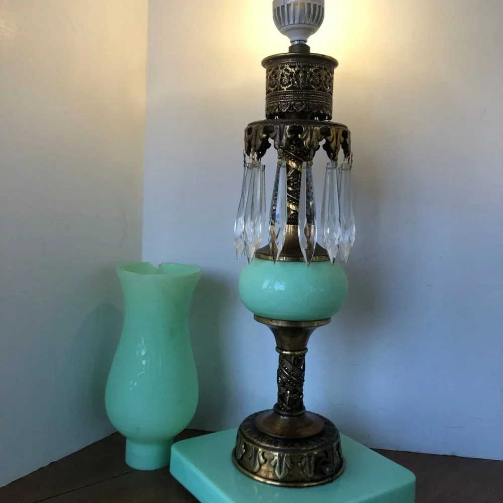 Rare Jadeite Lamp Uranium glass lamp Peacock Jefferson Glass Company Lamp Jade